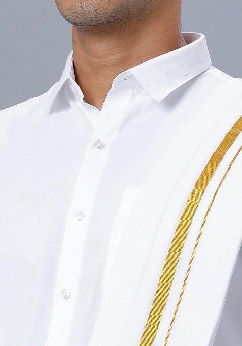 White Long Sleeves Pure Cotton Shirt With Golden Jari Veshti And Angavastram For Men