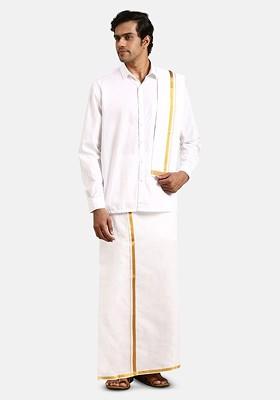 White Pure Cotton Shirt With Zari Border Veshti And Angavastram For Men