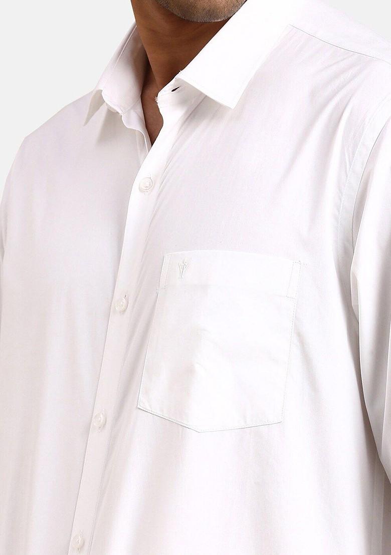 White Pure Cotton Shirt With Zari Border Veshti And Angavastram For Men - Indya