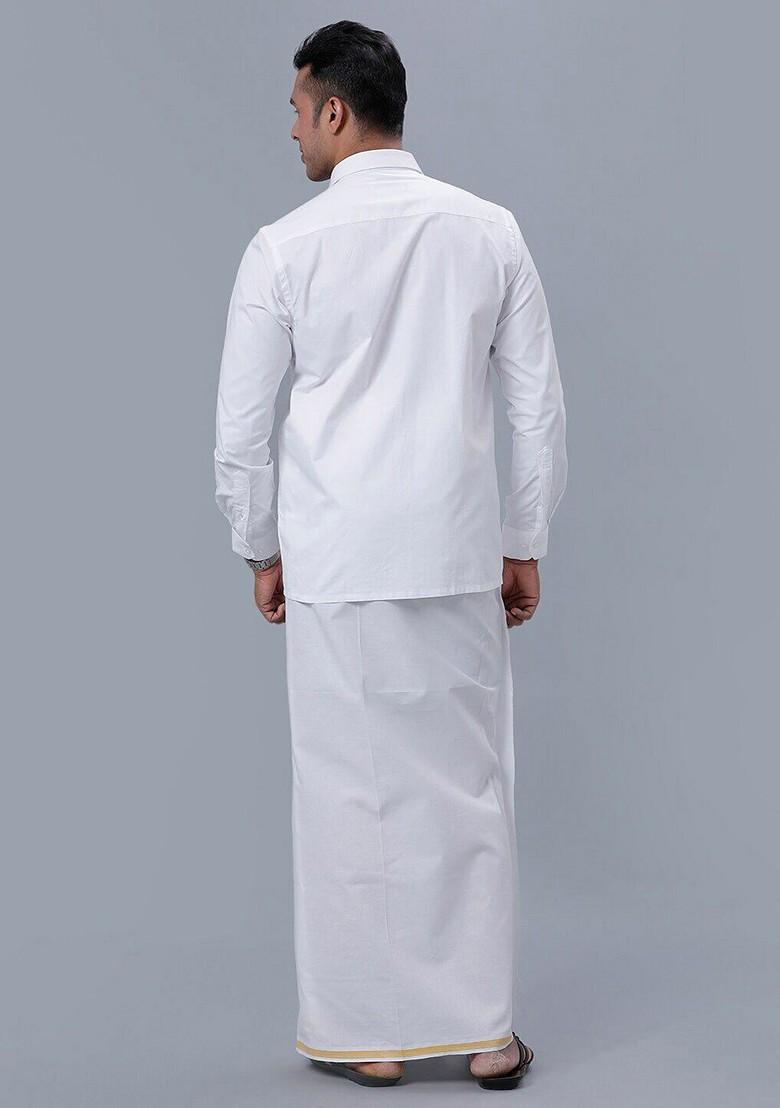 White Pure Cotton Long Sleeve Shirt With Zari Border Veshti For Men