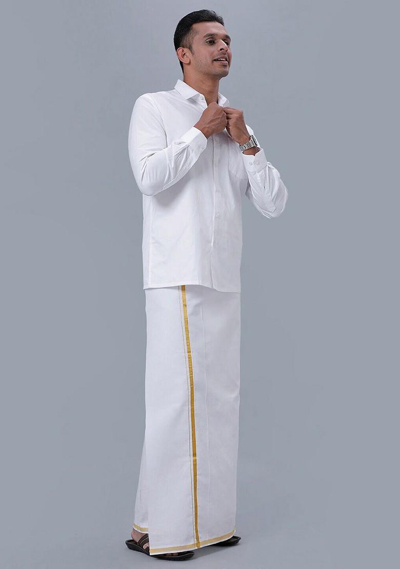 White Pure Cotton Long Sleeve Shirt With Zari Border Veshti For Men