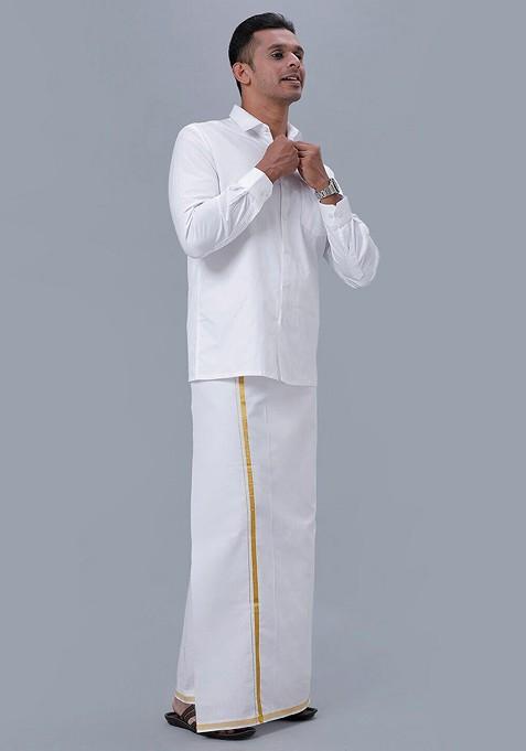 White Pure Cotton Long Sleeve Shirt With Zari Border Veshti For Men