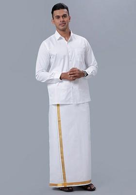 White Long Sleeves Pure Cotton Shirt With Golden Jari Veshti For Men