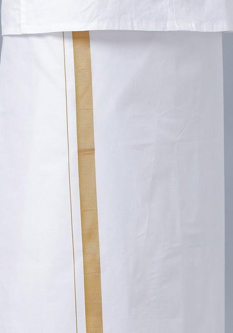 White Long Sleeves Pure Cotton Shirt With Golden Jari Veshti For Men