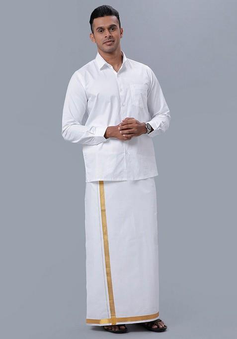 White Long Sleeves Pure Cotton Shirt With Golden Jari Veshti For Men