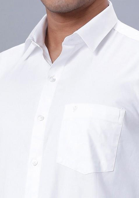 White Long Sleeves Pure Cotton Shirt With Golden Jari Veshti For Men