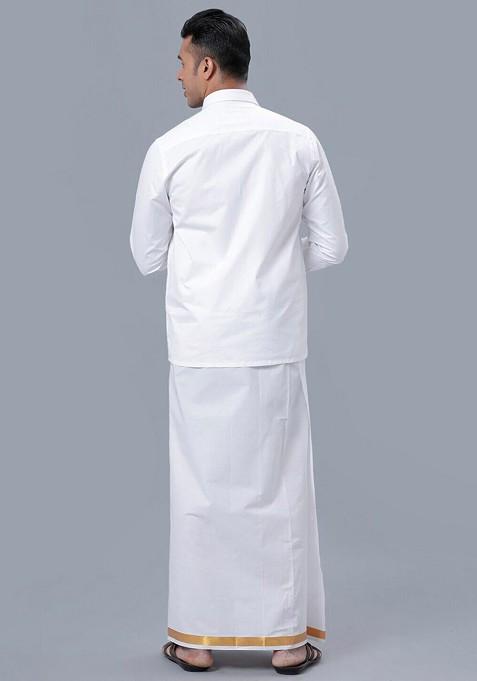 White Long Sleeves Pure Cotton Shirt With Golden Jari Veshti For Men