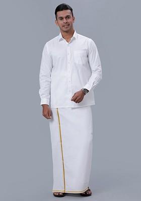 White Pure Cotton Long Sleeve Shirt With Zari Border Veshti For Men