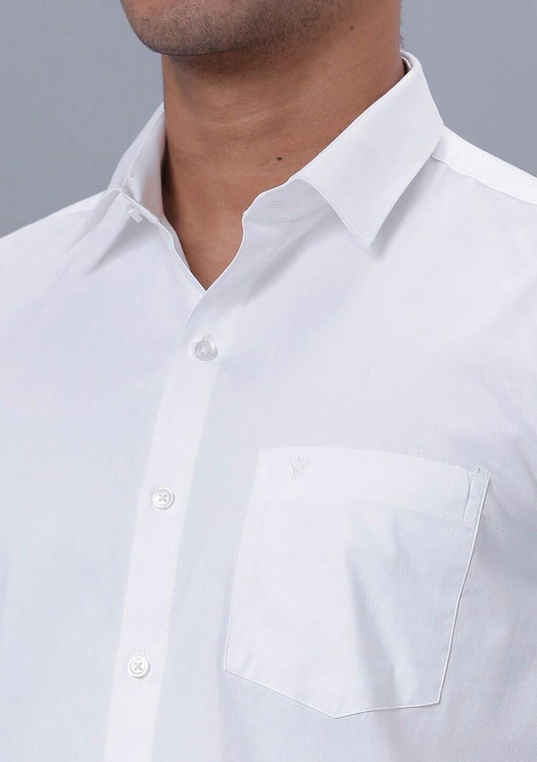 White Pure Cotton Long Sleeve Shirt With Zari Border Veshti For Men - Indya