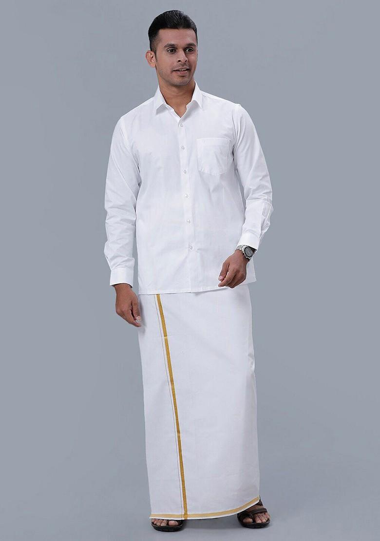 White Pure Cotton Long Sleeve Shirt With Zari Border Veshti For Men - Indya