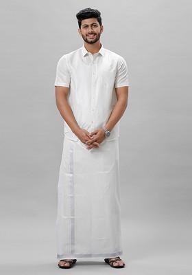 White Short Sleeves Shirt With Silver Toned Zari Veshti For Men