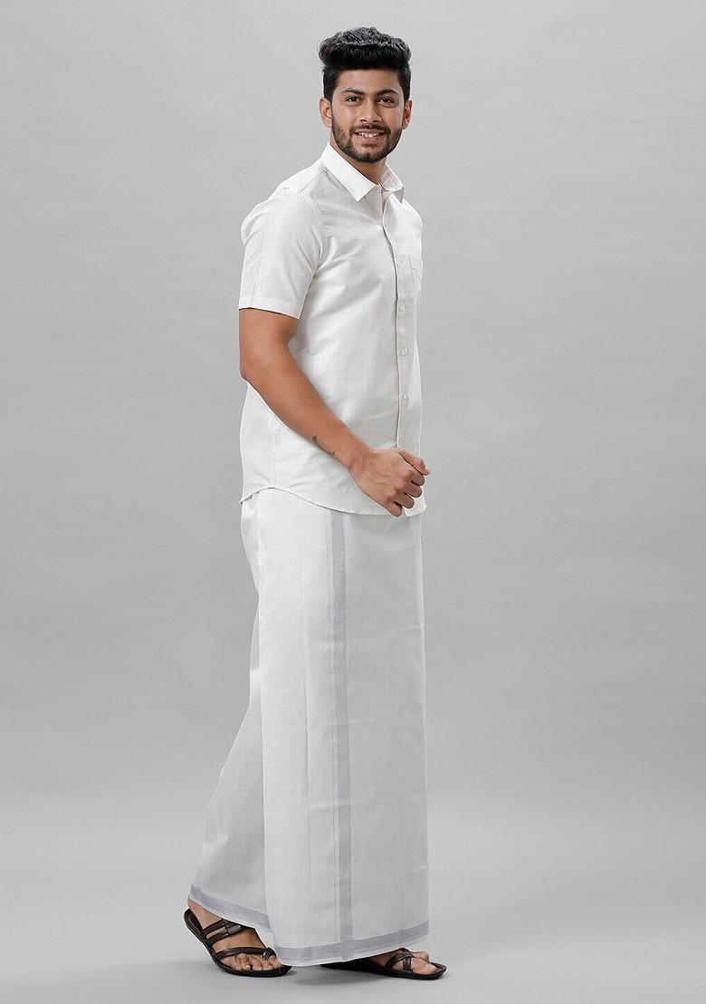 White Short Sleeves Shirt With Silver Toned Zari Veshti For Men