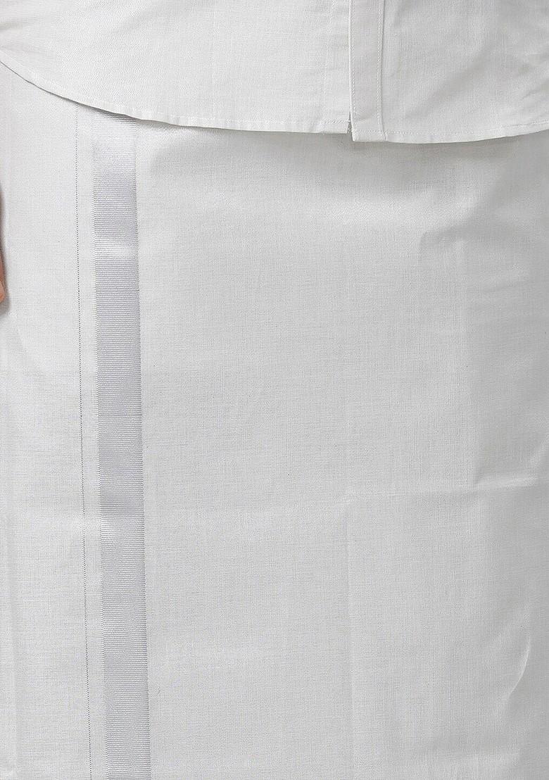 White Short Sleeves Shirt With Silver Toned Zari Veshti For Men