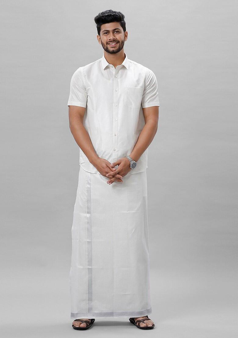 White Short Sleeves Shirt With Silver Toned Zari Veshti For Men