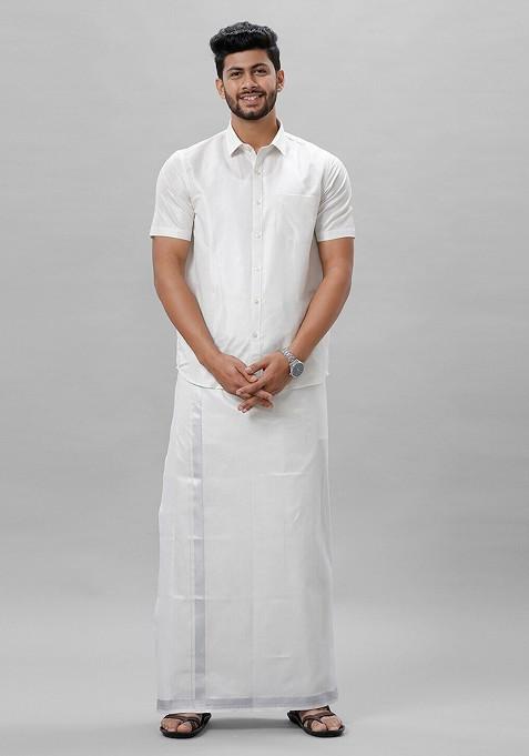 White Short Sleeves Shirt With Silver Toned Zari Veshti For Men