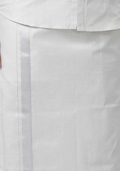White Short Sleeves Shirt With Silver Toned Zari Veshti For Men