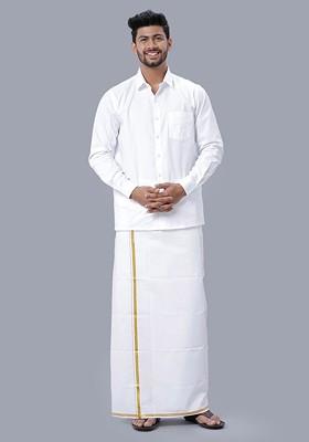 White Spread Collar Pure Cotton Long Sleeves Shirt With Veshti For Men