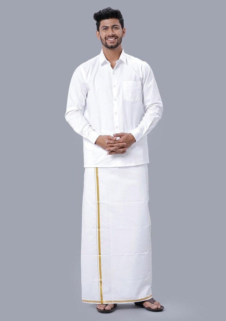 White Spread Collar Pure Cotton Long Sleeves Shirt With Veshti For Men - Indya