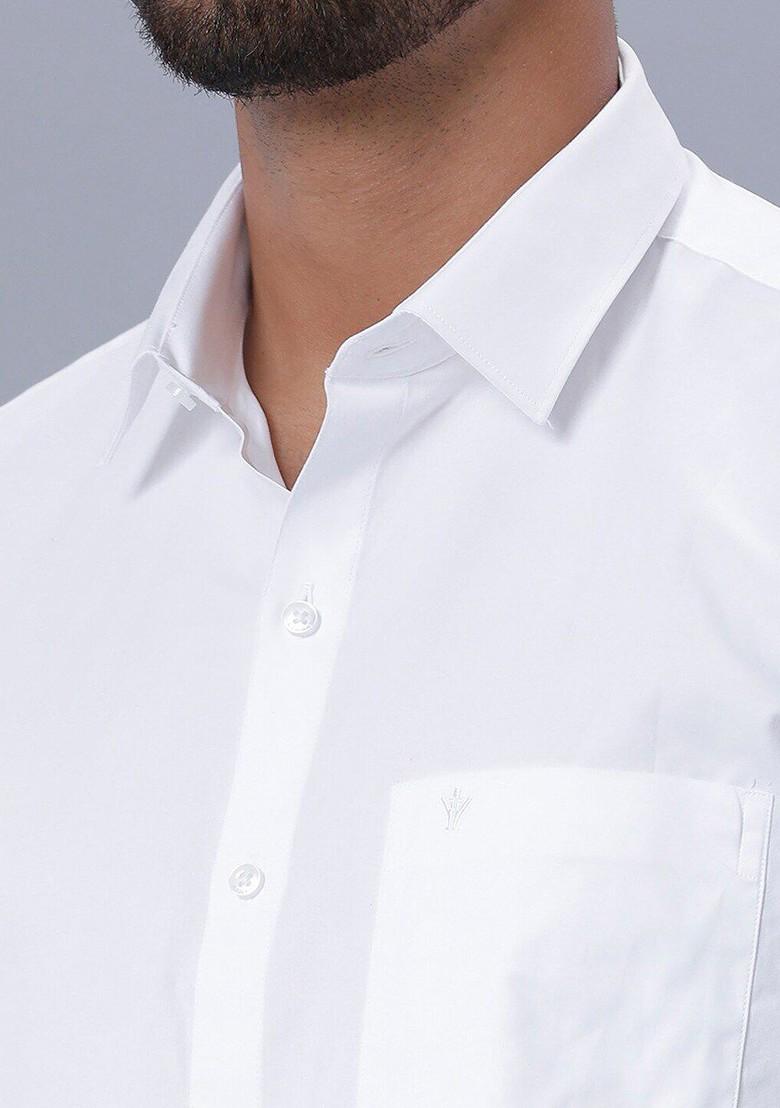 White Spread Collar Pure Cotton Long Sleeves Shirt With Veshti For Men - Indya