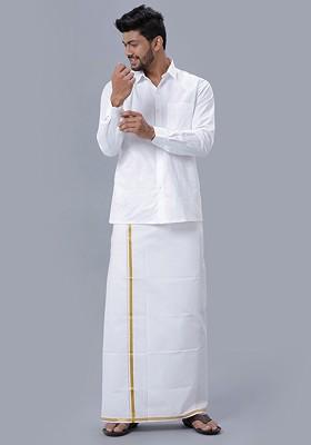White Shirt Collar Long Sleeves Pure Cotton Shirt With Veshti For Men