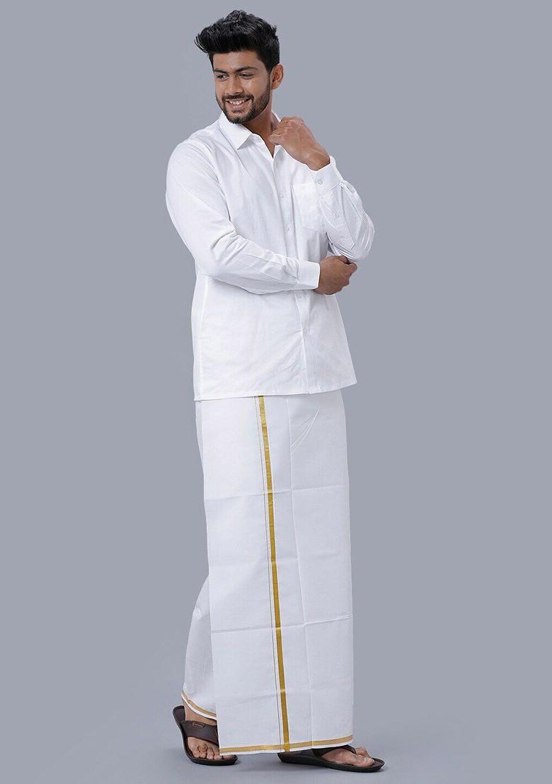 White Shirt Collar Long Sleeves Pure Cotton Shirt With Veshti For Men