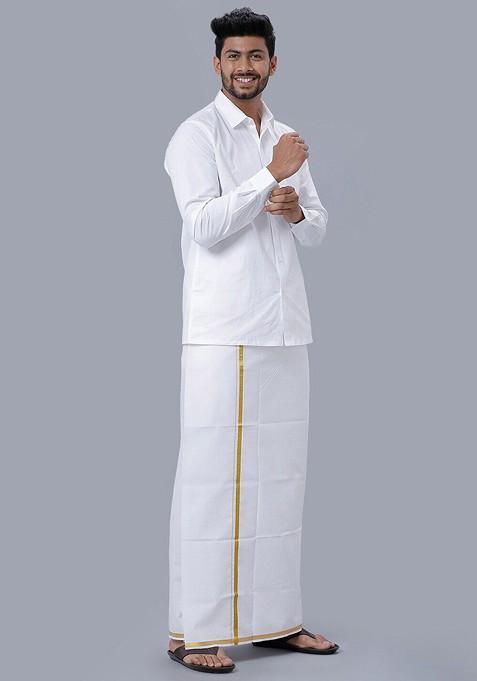 White Shirt Collar Long Sleeves Pure Cotton Shirt With Veshti For Men