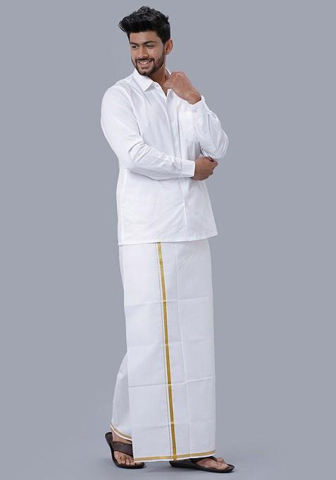 White Shirt Collar Long Sleeves Pure Cotton Shirt With Veshti For Men