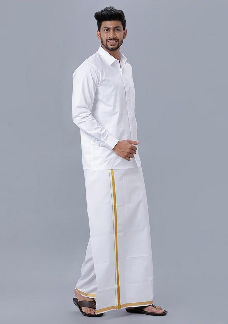 White Shirt Collar Long Sleeves Shirt With Veshti For Men