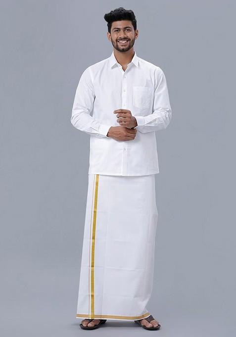 White Shirt Collar Long Sleeves Shirt With Veshti For Men