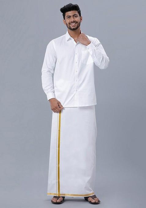 White Shirt Collar Long Sleeves Shirt With Veshti For Men