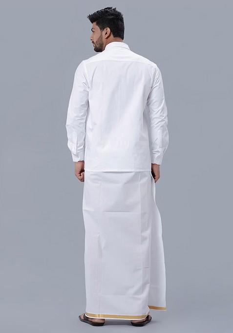 White Shirt Collar Long Sleeves Shirt With Veshti For Men