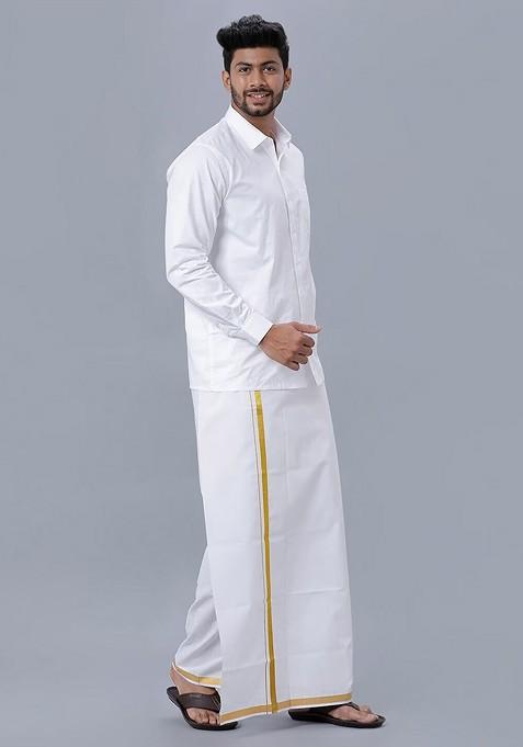 White Shirt Collar Long Sleeves Shirt With Veshti For Men