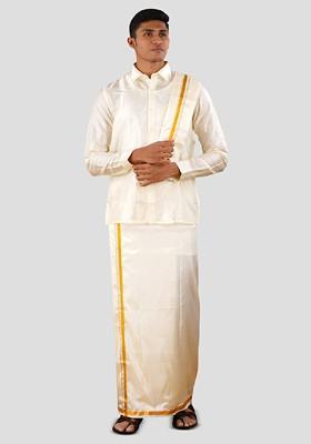 Cream Shirt Collar Long Sleeves Shirt And Veshti With Angavastram For Men