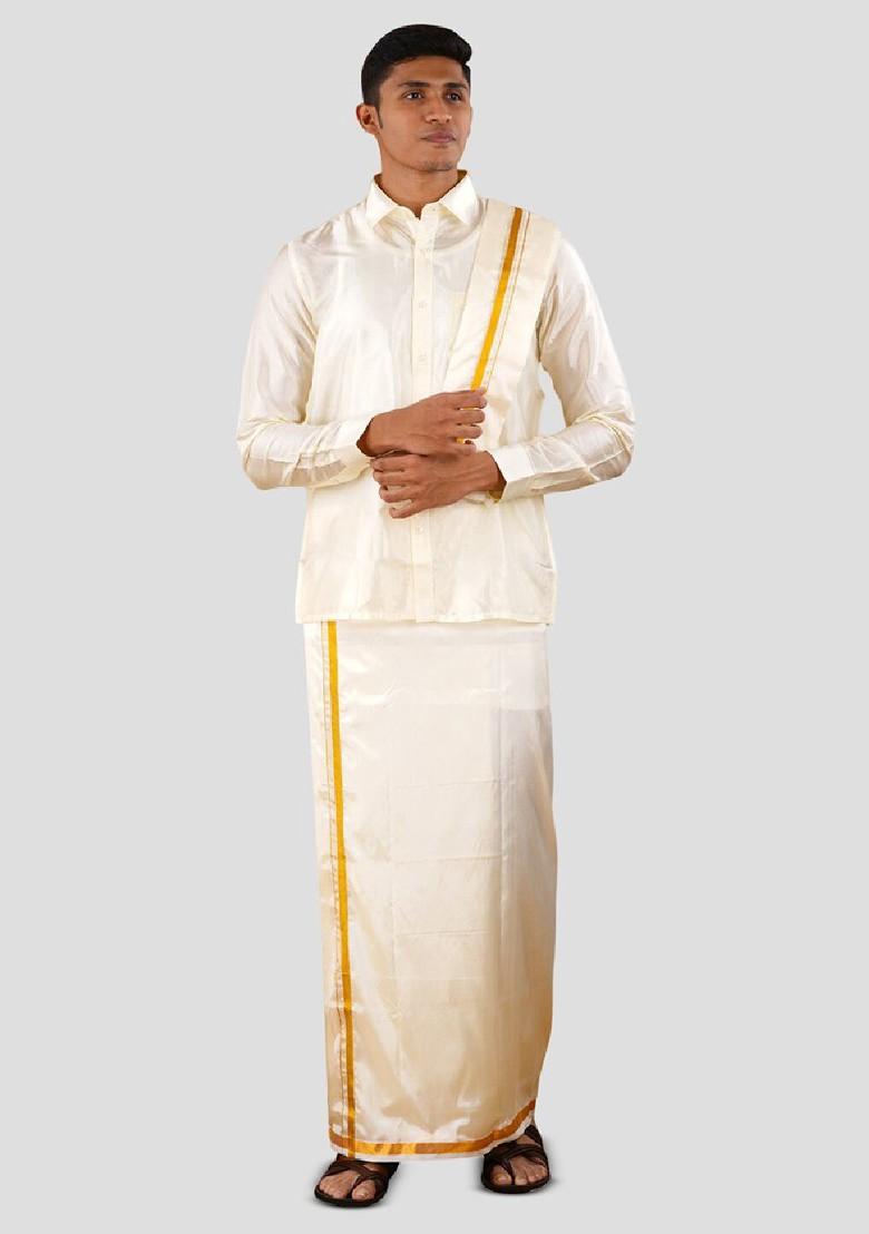 Cream Shirt Collar Long Sleeves Shirt And Veshti With Angavastram For Men