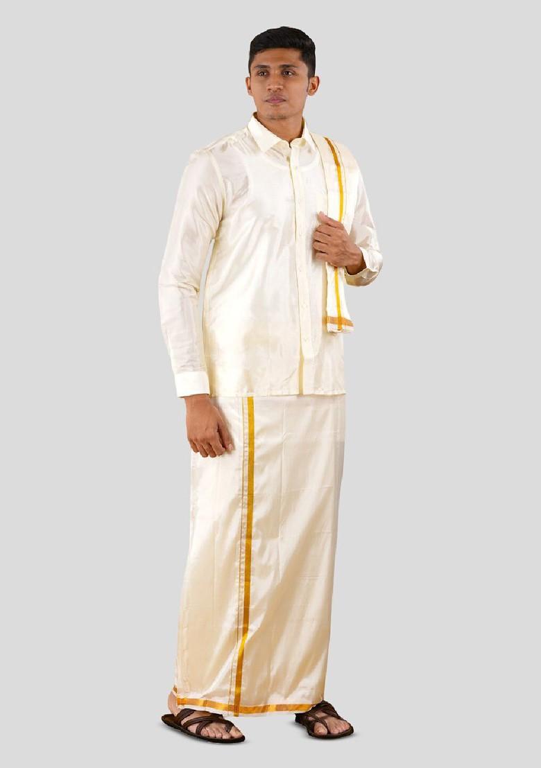 Cream Shirt Collar Long Sleeves Shirt And Veshti With Angavastram For Men