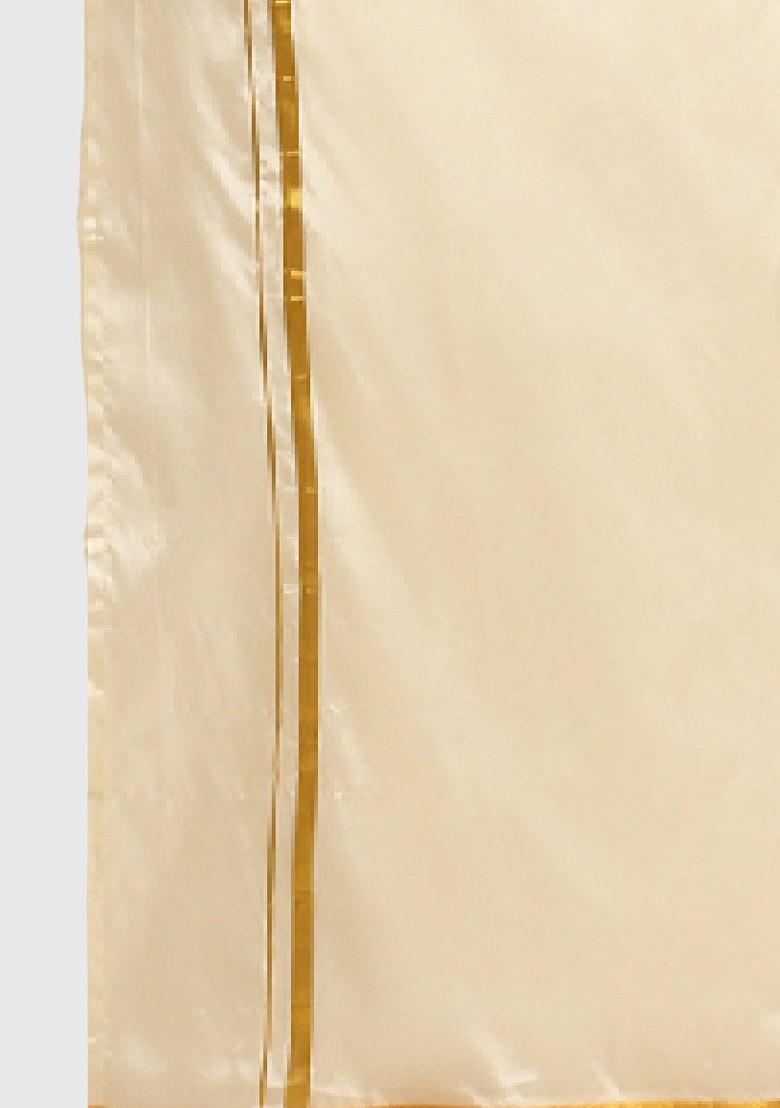 Cream Shirt Collar Long Sleeves Shirt And Veshti With Angavastram For Men