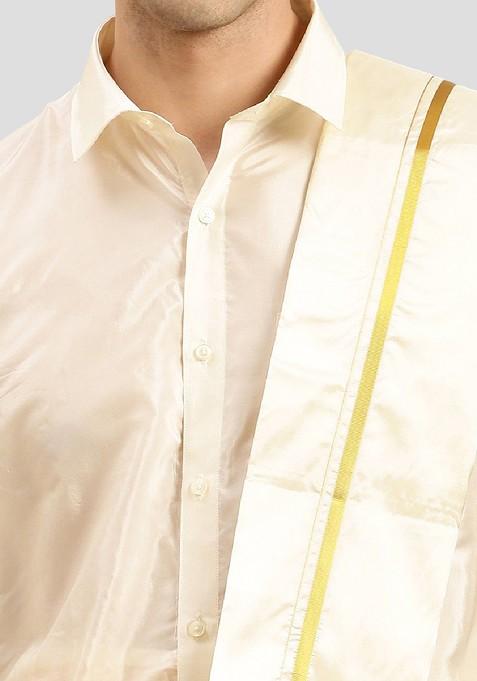 Cream Shirt Collar Long Sleeves Shirt And Veshti With Angavastram For Men
