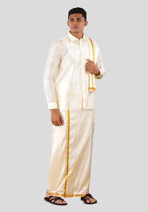 Cream Shirt Collar Long Sleeves Shirt And Veshti With Angavastram For Men