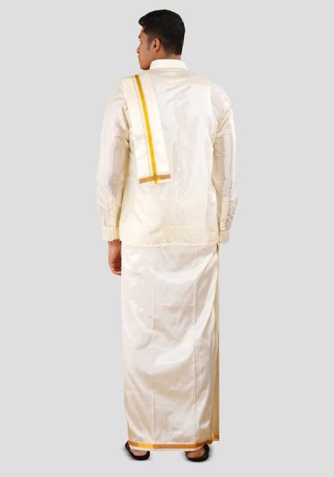 Cream Shirt Collar Long Sleeves Shirt And Veshti With Angavastram For Men