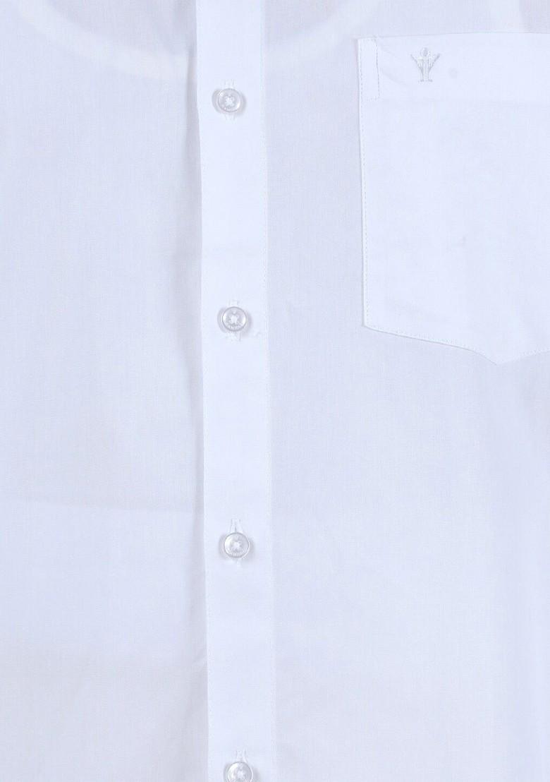 White Pure Cotton Long Sleeves Shirt With Veshti Set For Men - Indya