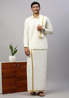 Cream Long Sleeves Pure Cotton Shirt With Veshti And Angavastram For Men
