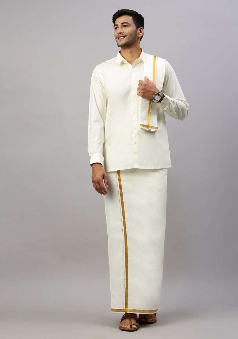 Cream Long Sleeves Pure Cotton Shirt With Veshti And Angavastram For Men - Indya