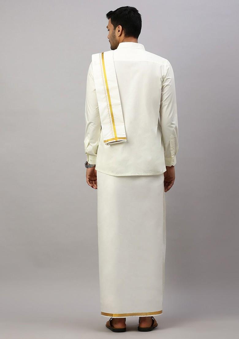 Cream Long Sleeves Pure Cotton Shirt With Veshti And Angavastram For Men - Indya