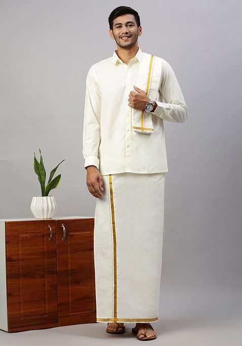 Cream Long Sleeves Pure Cotton Shirt With Veshti And Angavastram For Men