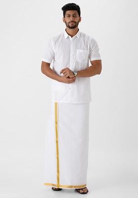 White Spread Collar Pure Cotton Shirt With 3/4 Inch Gold Jari Border Veshti For Men