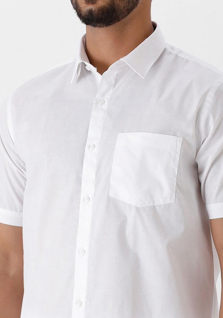 White Spread Collar Pure Cotton Shirt With 3/4 Inch Gold Jari Border Veshti For Men - Indya