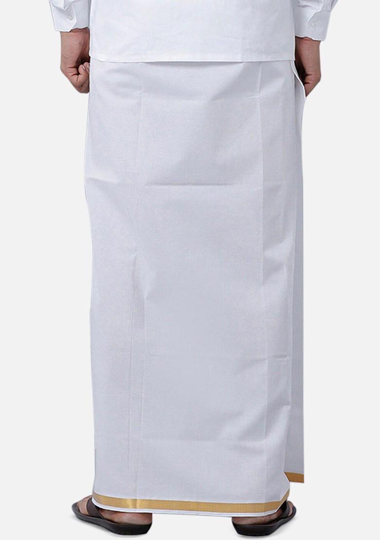 White Short Sleeves Shirt With Gold Jari Border Veshti For Men