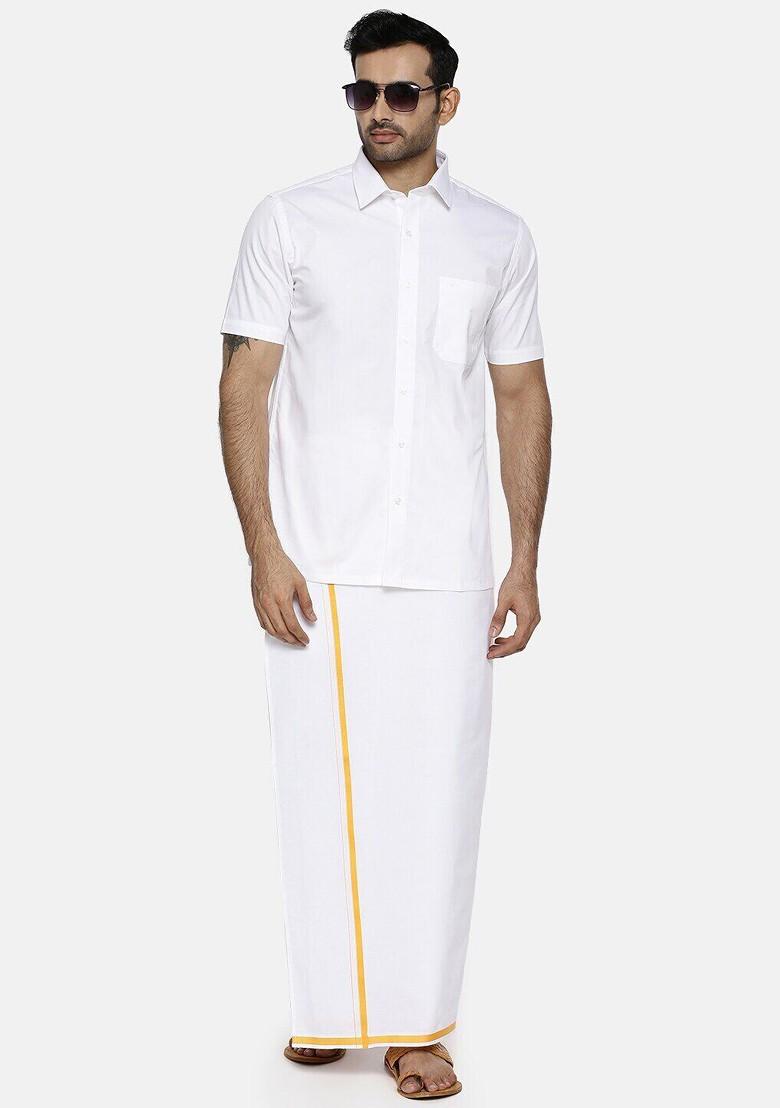 White Short Sleeves Shirt With Gold Jari Border Veshti For Men