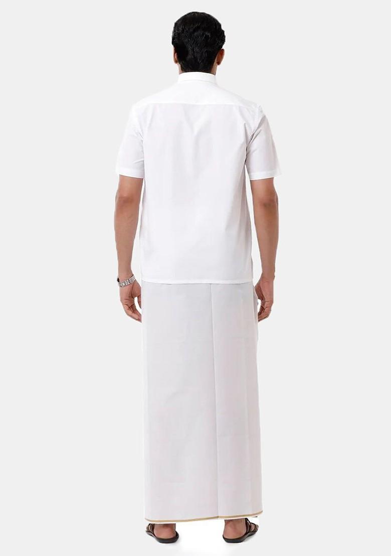 White Short Sleeves Shirt With Gold Jari Border Veshti For Men