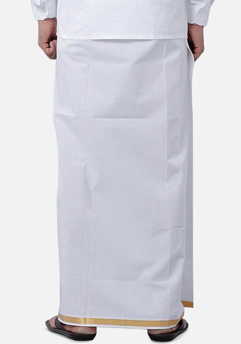 White Short Sleeves Shirt With Gold Jari Border Veshti For Men